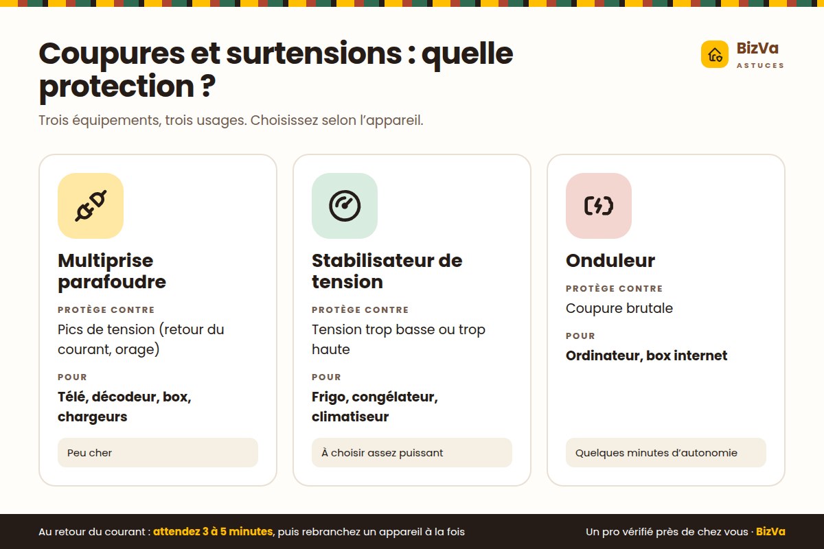 Comparatif : multiprise parafoudre, stabilisateur de tension et onduleur, à quoi sert chaque protection