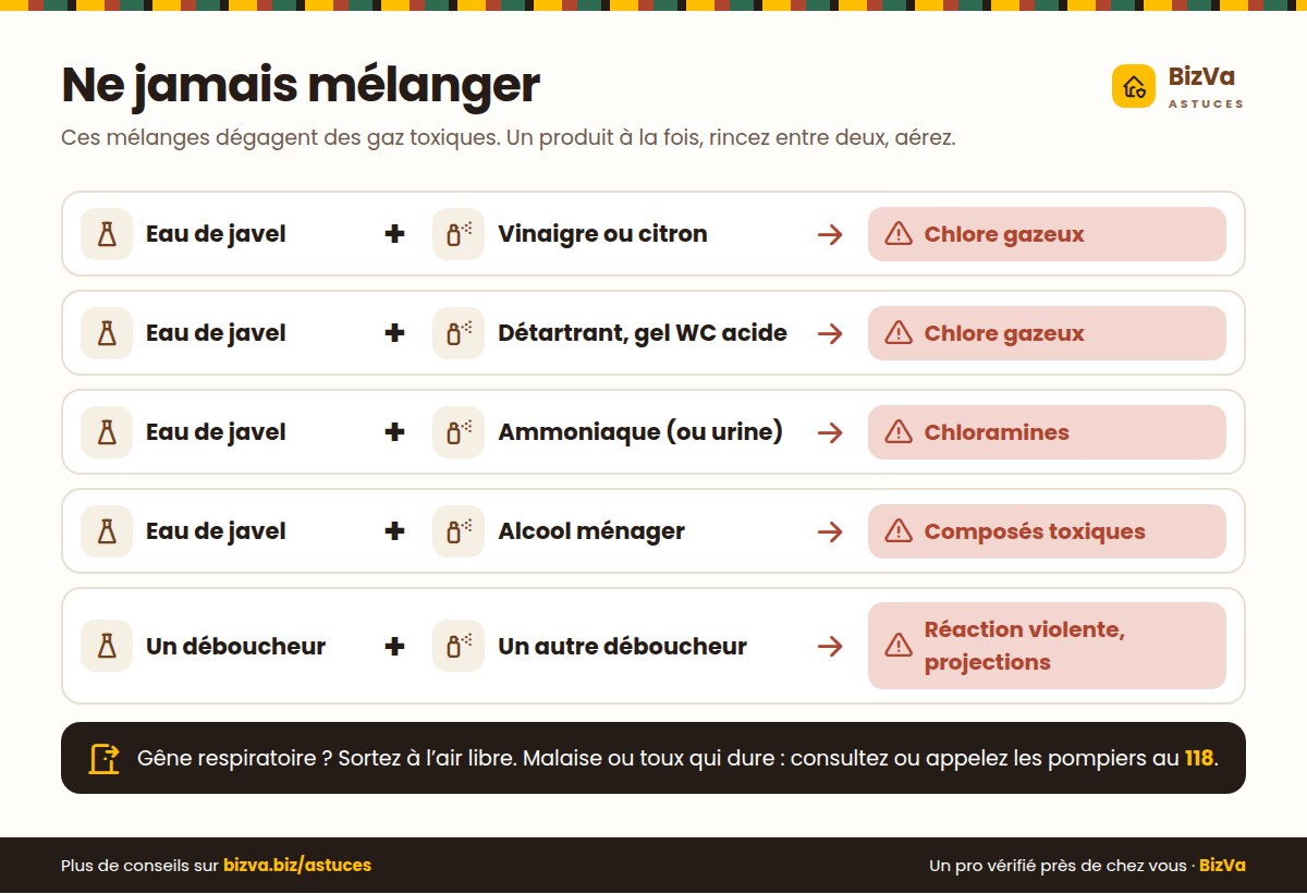 Tableau des mélanges dangereux : javel et vinaigre, javel et ammoniaque, javel et détartrant, déboucheurs entre eux